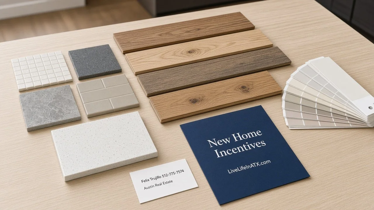 New-home design center table with tile, countertop, flooring and paint samples beside a LiveLifeInATX.com New Home Incentives folder and a Felix Trujillo 512-775-7574 Austin Real Estate card