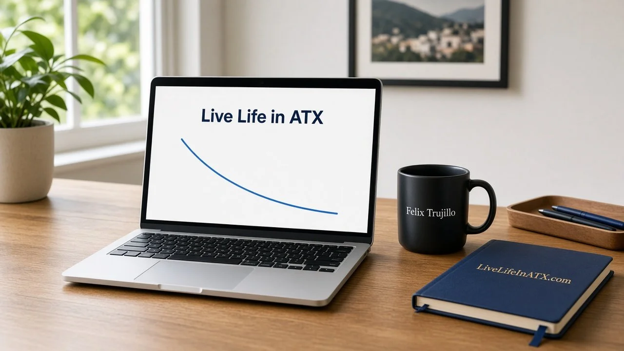 Laptop showing a declining loan balance line beside a Felix Trujillo mug and a LiveLifeInATX.com notebook