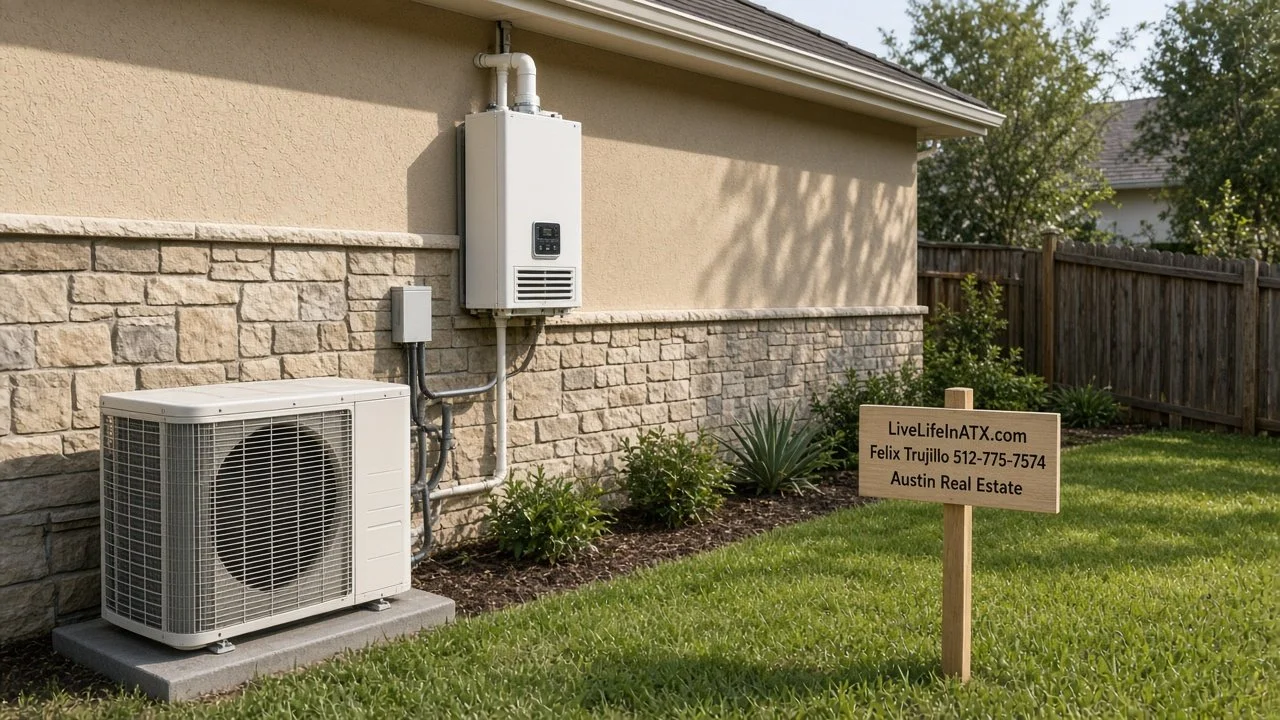 Side of an Austin home showing an outdoor air conditioner condenser, a tankless water heater and the roofline beside a yard sign reading LiveLifeInATX.com Felix Trujillo 512-775-7574 Austin Real Estate