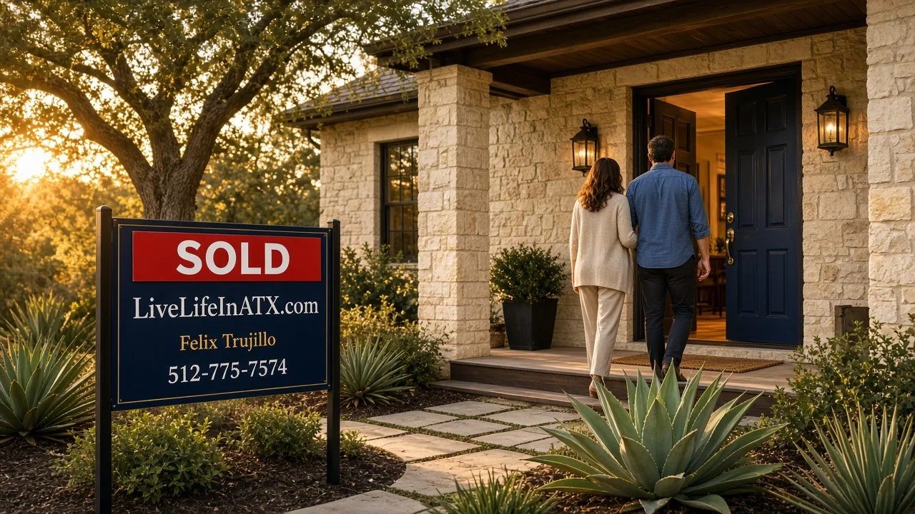 Navy SOLD sign reading LiveLifeInATX.com, Felix Trujillo, 512-775-7574 at a Cedar Park home, Austin listing agent