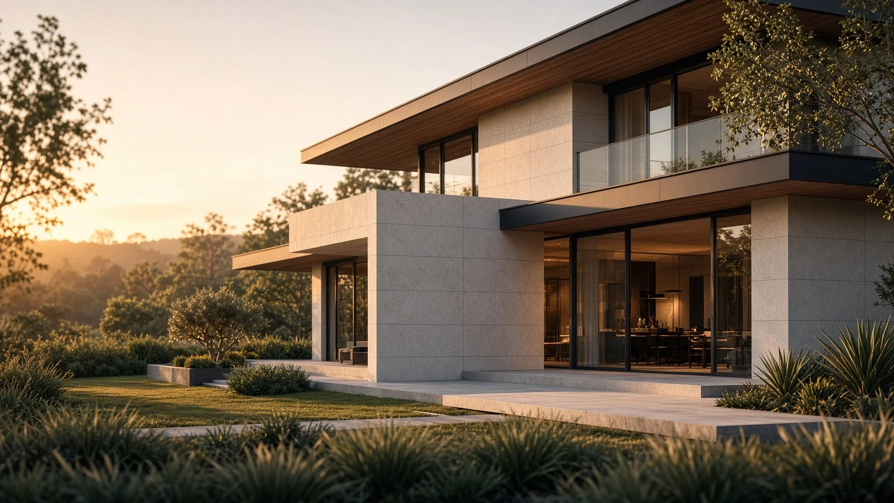Modern luxury home exterior in the Austin area at golden hour