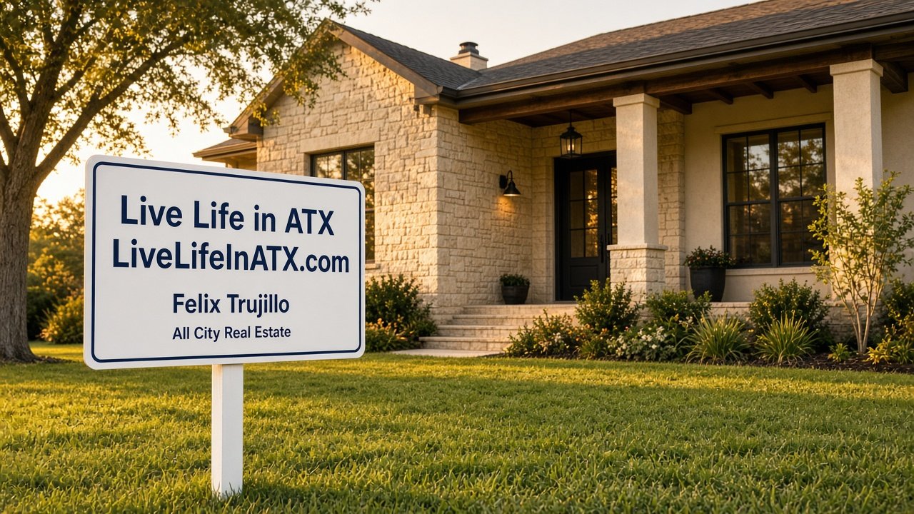 Live Life in ATX yard sign with LiveLifeInATX.com and Felix Trujillo in front of a Central Texas home