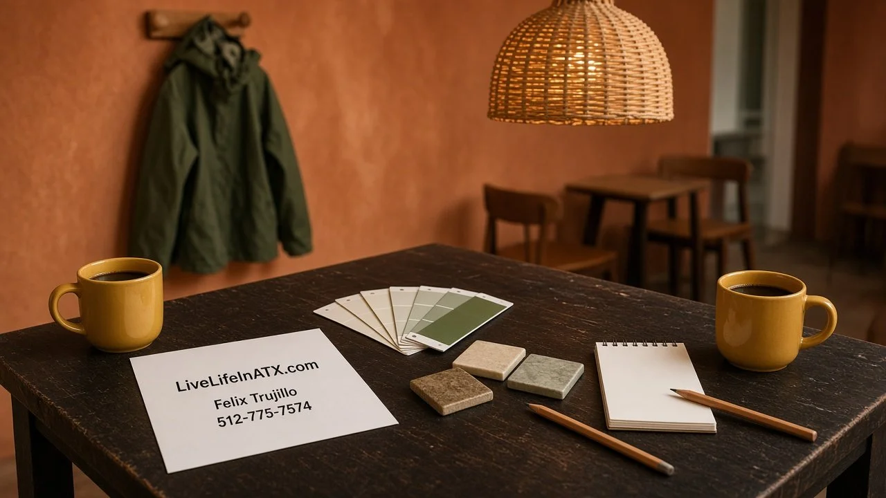 Planning table with paint swatches, tile samples and a Felix Trujillo sheet