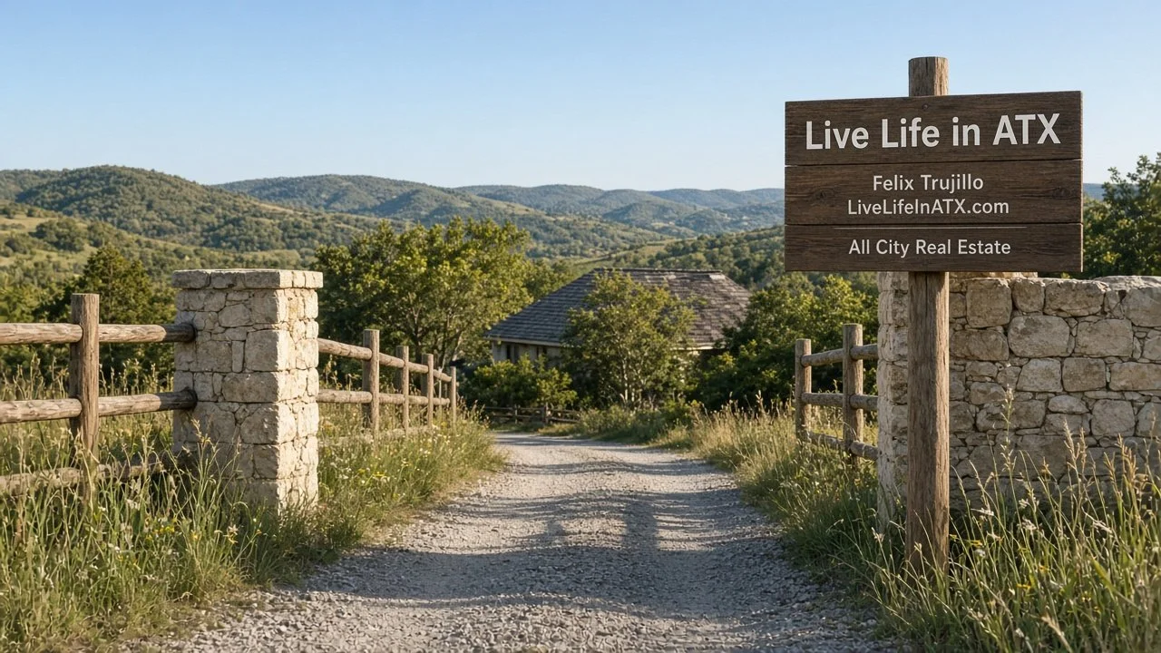 Limestone driveway entrance in the Texas Hill Country with a cedar post sign reading Live Life in ATX, Felix Trujillo, LiveLifeInATX.com, All City Real Estate