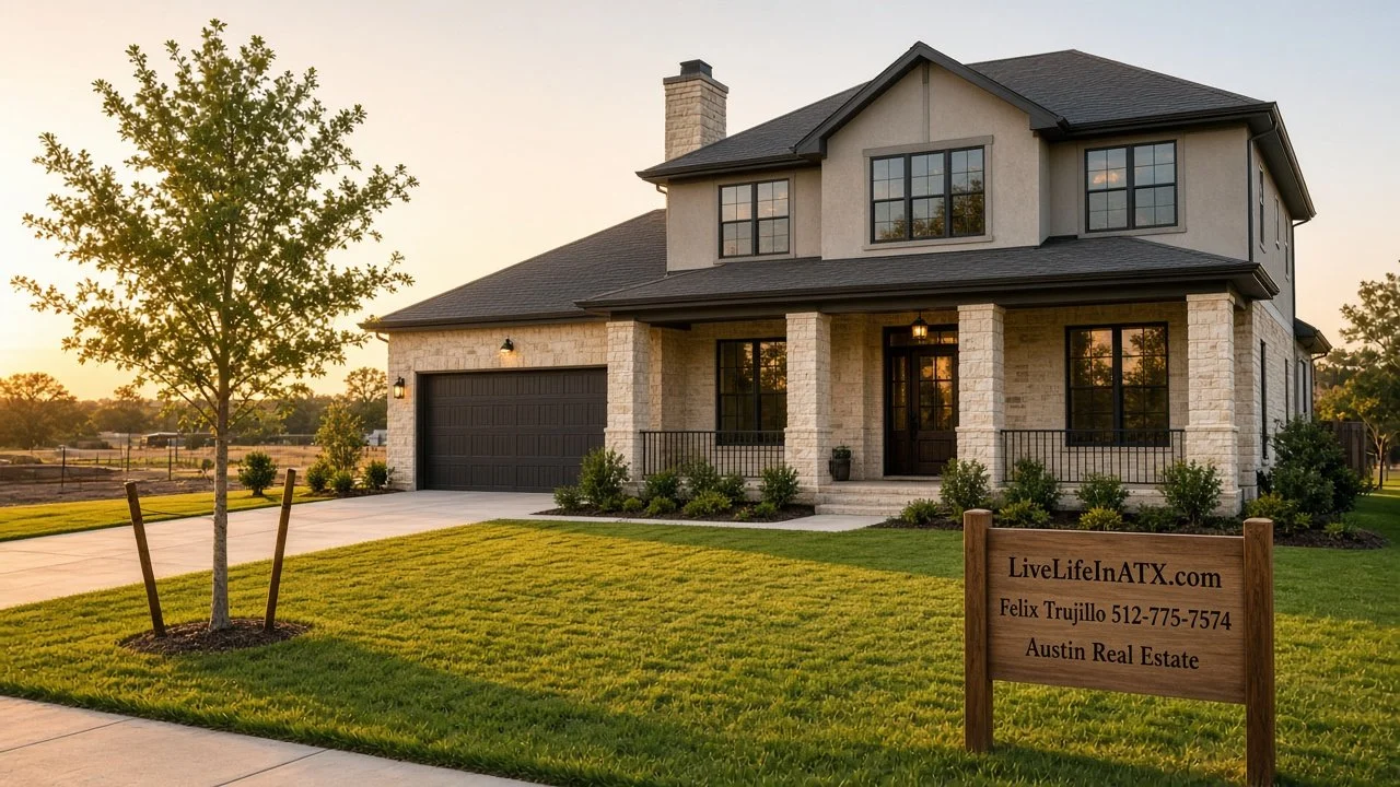 Newly built two-story Hill Country home at golden hour with a LiveLifeInATX.com Felix Trujillo 512-775-7574 Austin Real Estate sign on the front lawn