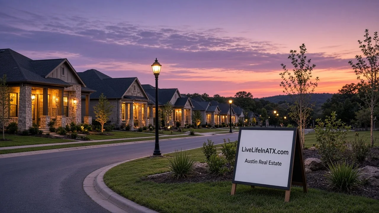 New-construction street at dusk with lit homes and a LiveLifeInATX.com Austin Real Estate sign on the corner lawn