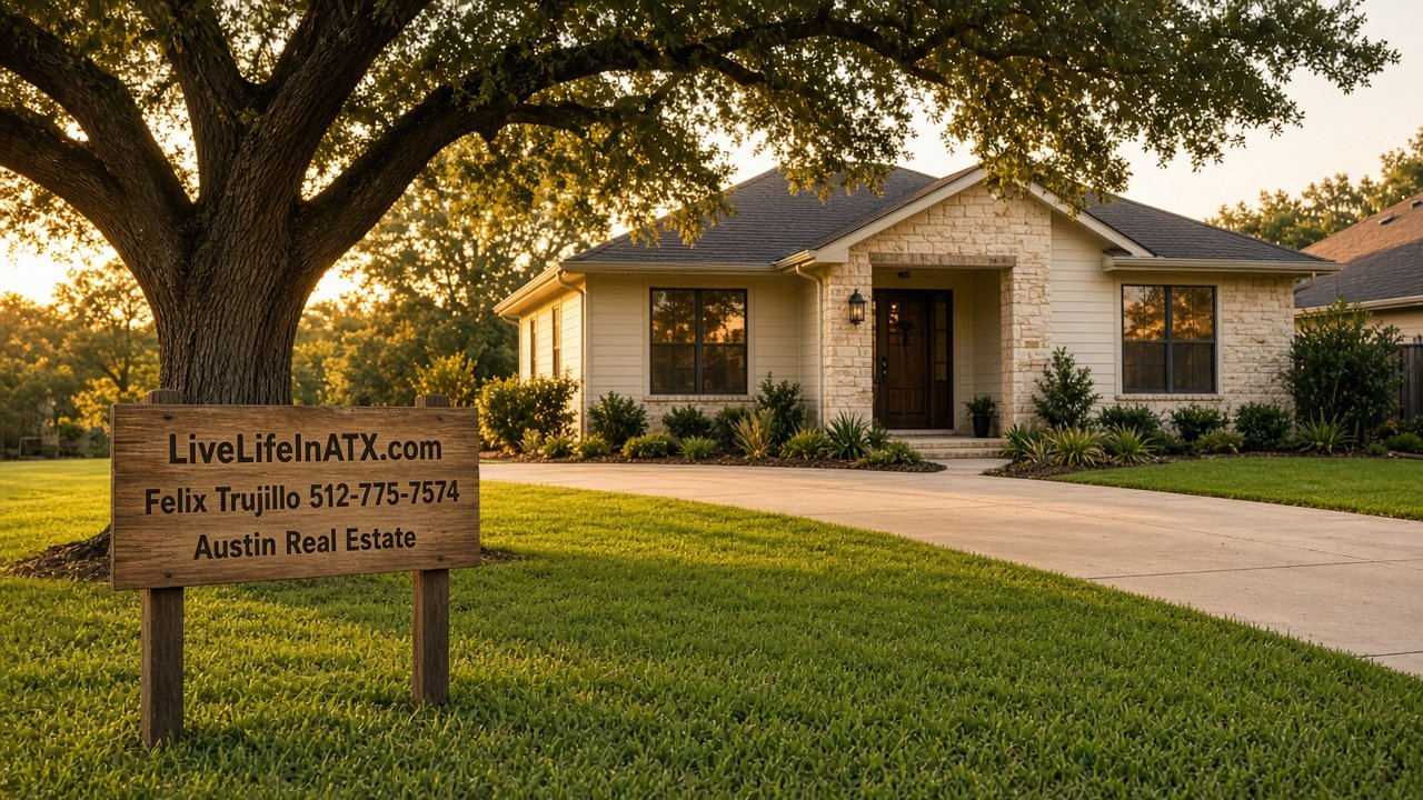 Tidy Austin home with limestone accents and a live oak at golden hour behind a yard sign reading LiveLifeInATX.com Felix Trujillo 512-775-7574 Austin Real Estate