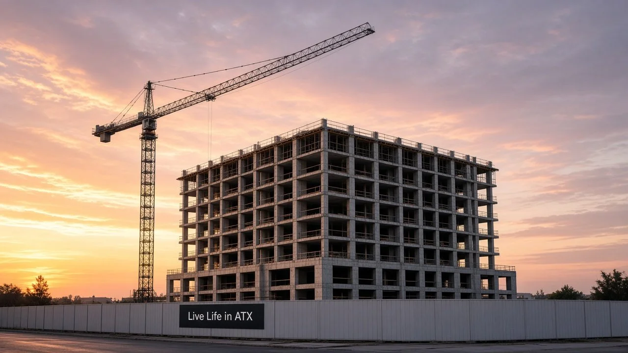 Concrete high-rise frame under construction at sunrise with a tower crane and a Live Life in ATX banner on the site fence