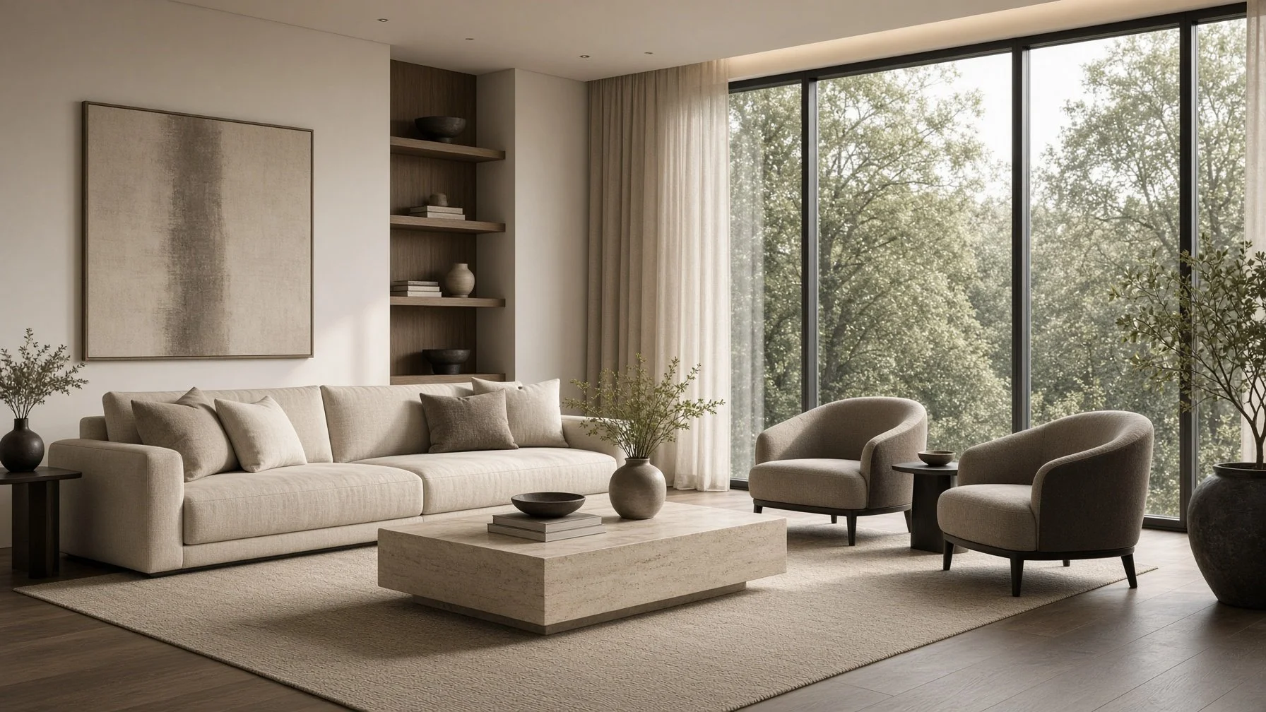 Calm modern living room with large windows and natural light