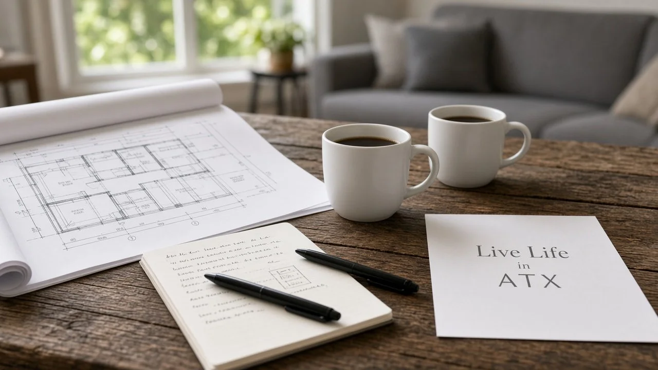 Table set for a remodel planning conversation with a floor plan, handwritten notes, pens, two coffees and a Live Life in ATX sheet, living room in the background