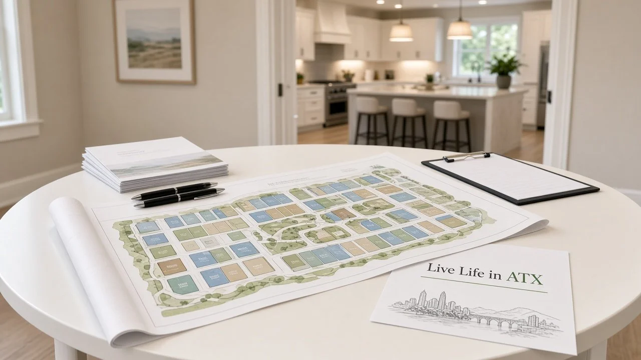 Table with a rolled-out community site plan, colored lot markers, a brochure stack, two pens and a Live Life in ATX sheet