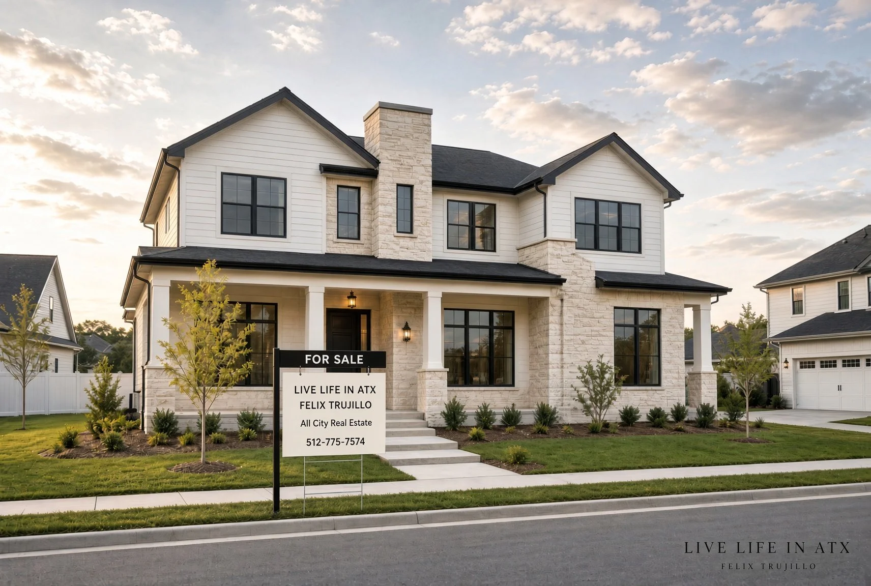 New two-story white and stone home for sale in Leander, Texas, Live Life in ATX yard sign, Felix Trujillo, All City Real Estate