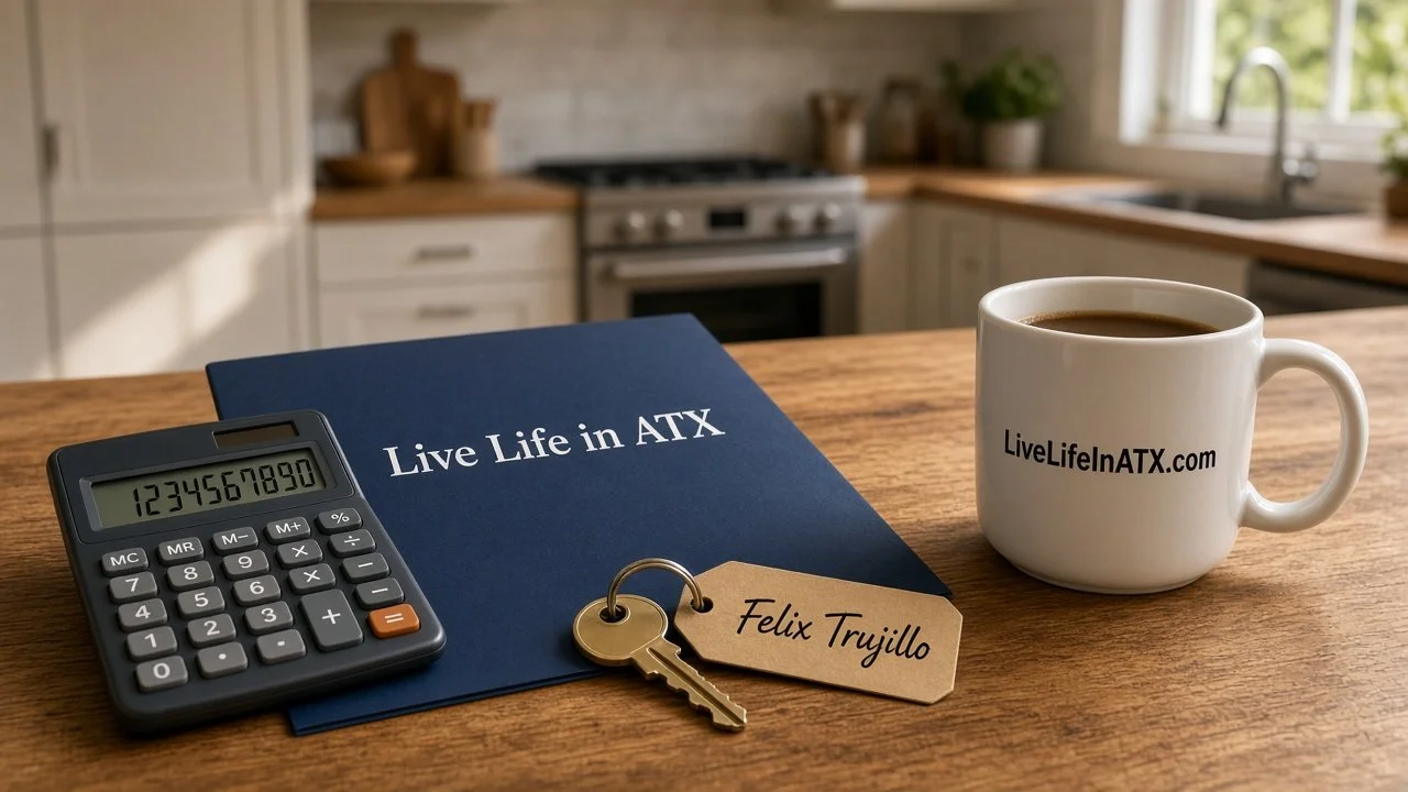 Calculator, Live Life in ATX folder, LiveLifeInATX.com mug and a Felix Trujillo key tag on a kitchen table
