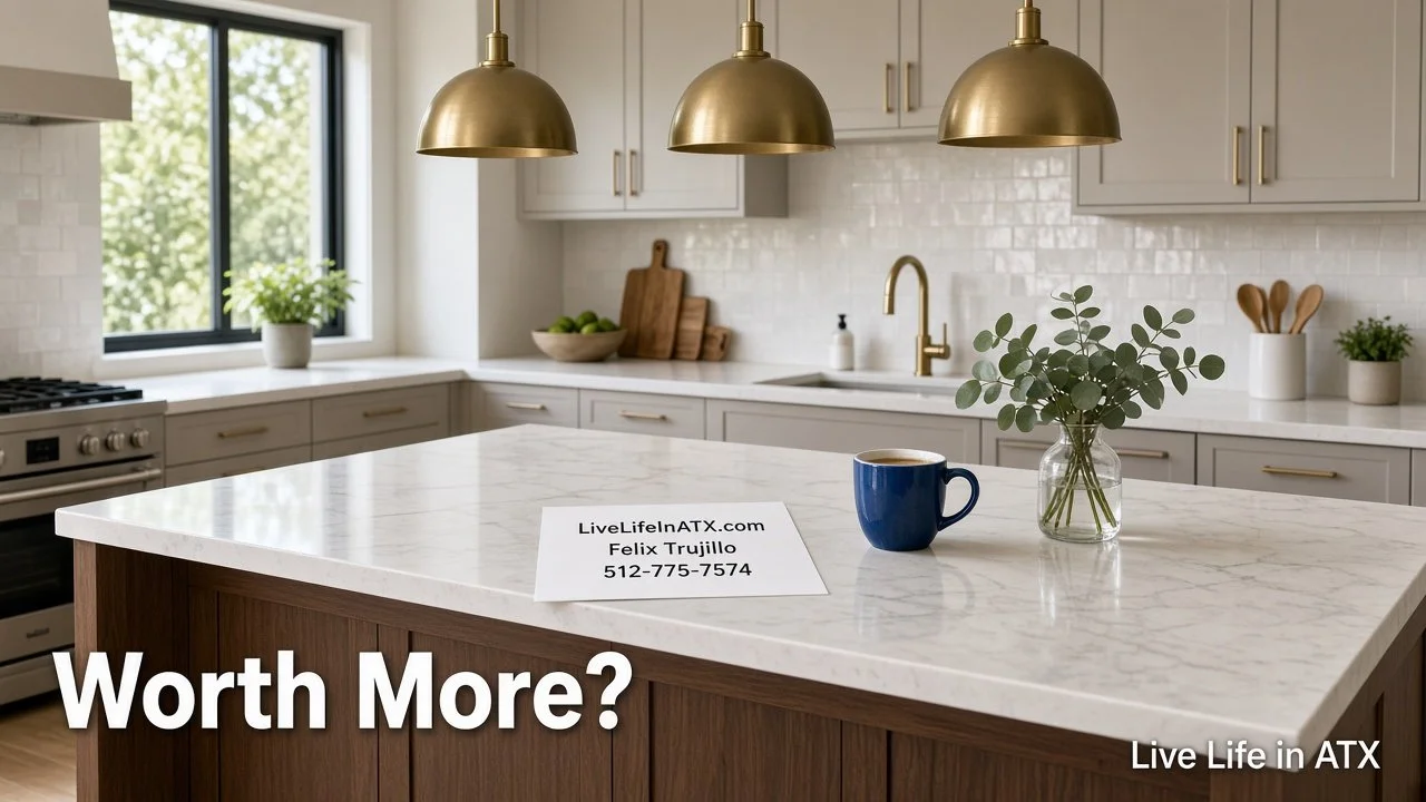 Updated kitchen with quartz island, brass pendants and a Felix Trujillo sheet