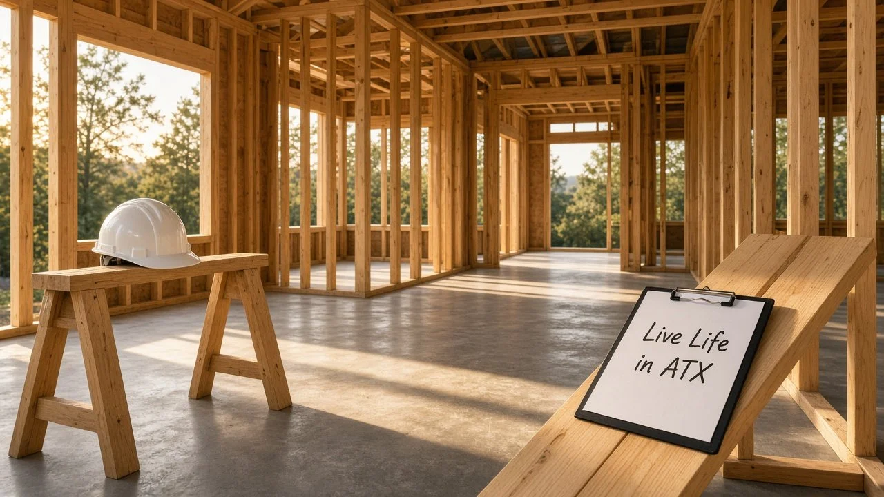 Wood-framed new home under construction with open stud walls, a hard hat on a sawhorse and a Live Life in ATX sheet clipped to a board