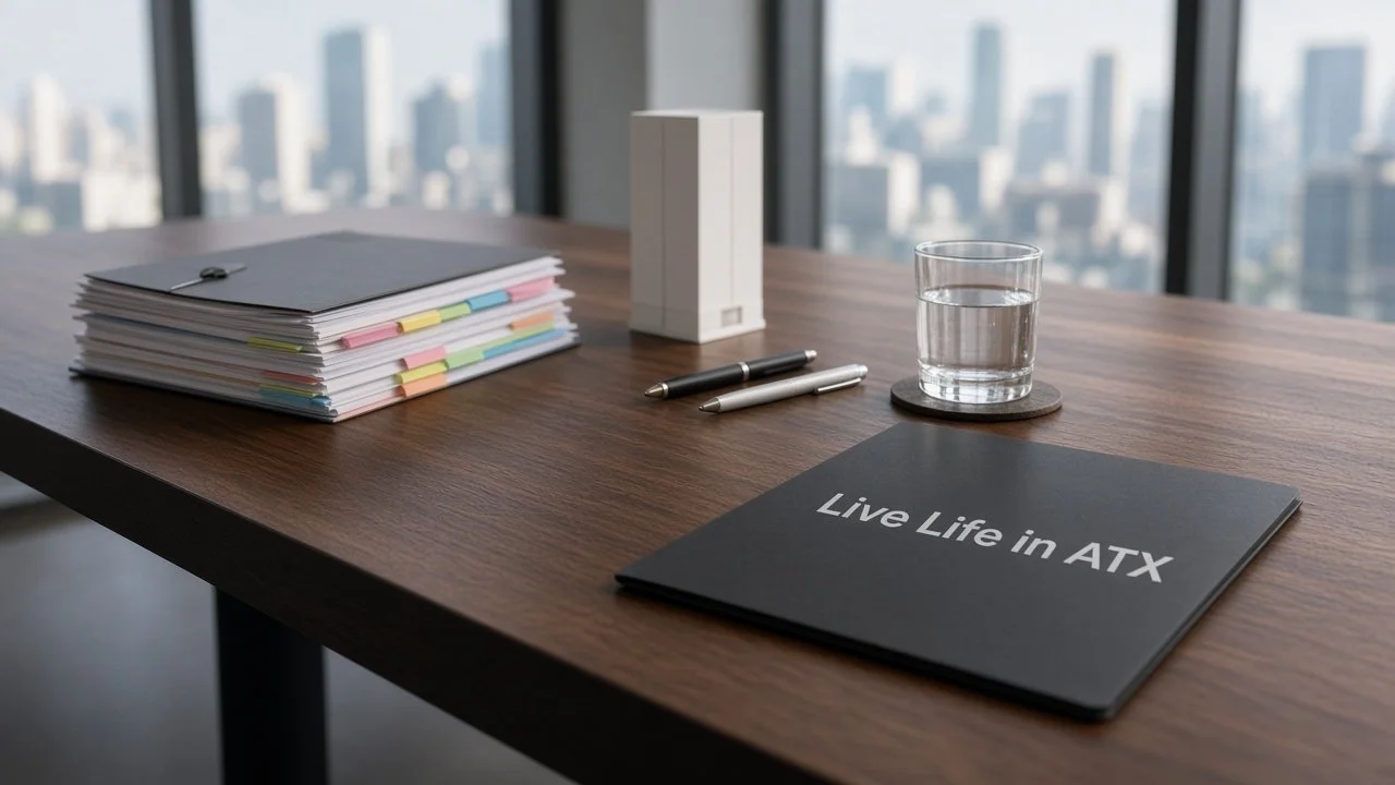 Long walnut table with a stack of bound condo documents, a small tower model, two pens and a Live Life in ATX folder