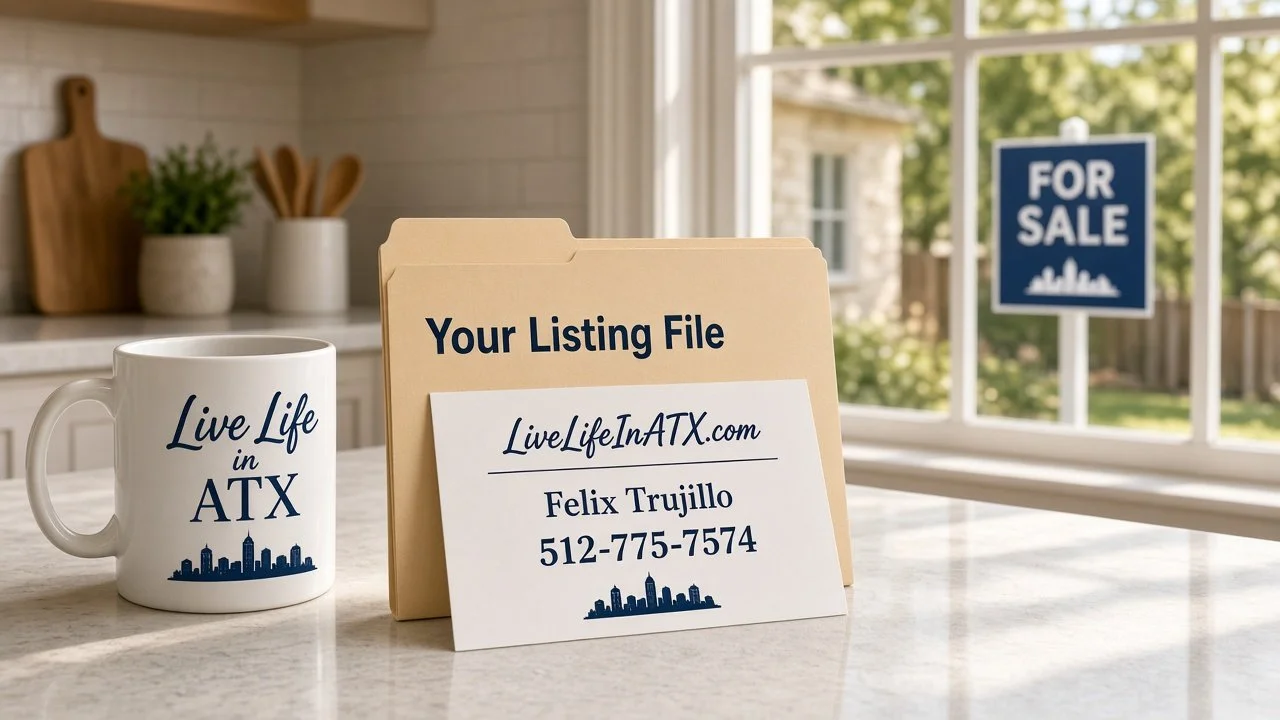 Live Life in ATX mug and listing file with Felix Trujillo 512-775-7574, sell your home in Austin