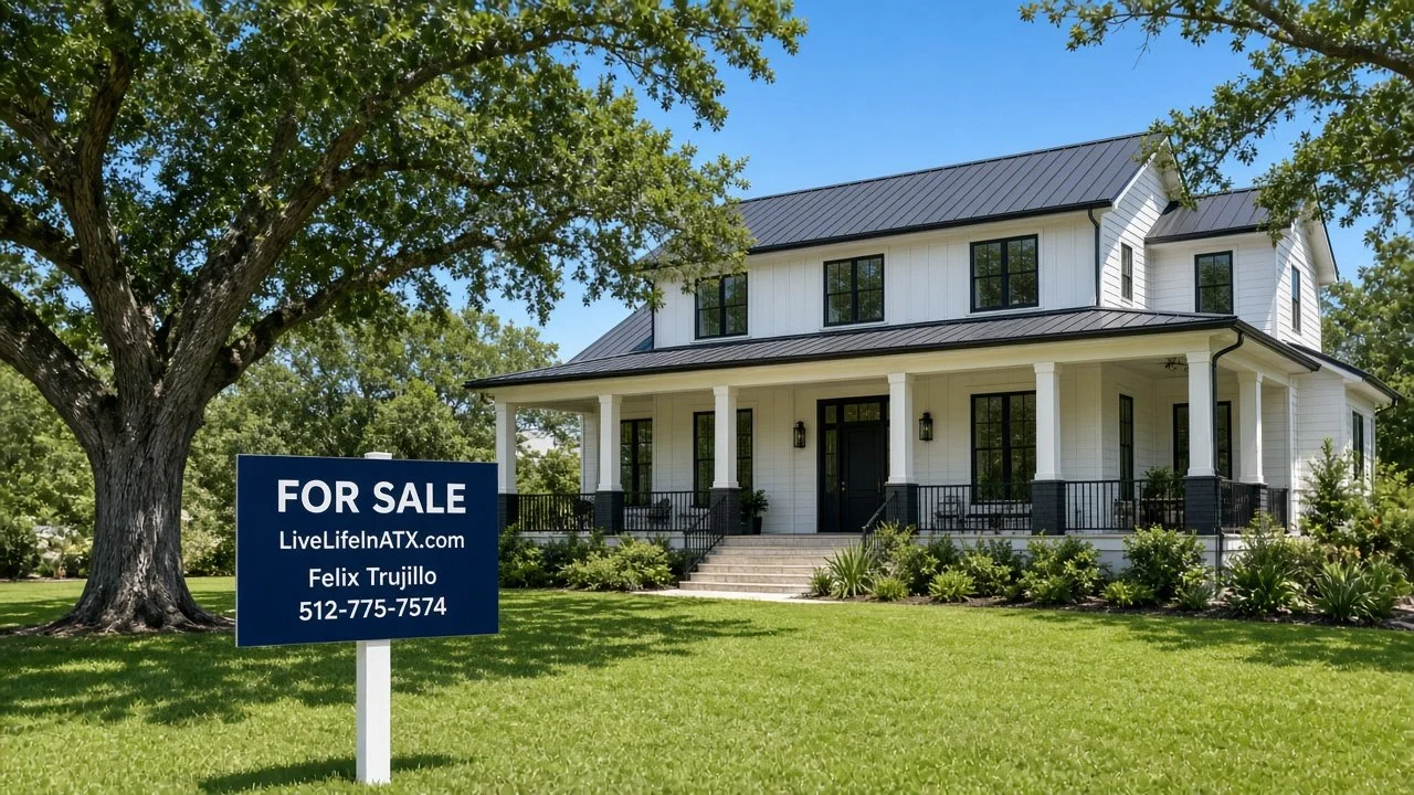 Austin home for sale with Felix Trujillo Live Life in ATX sign