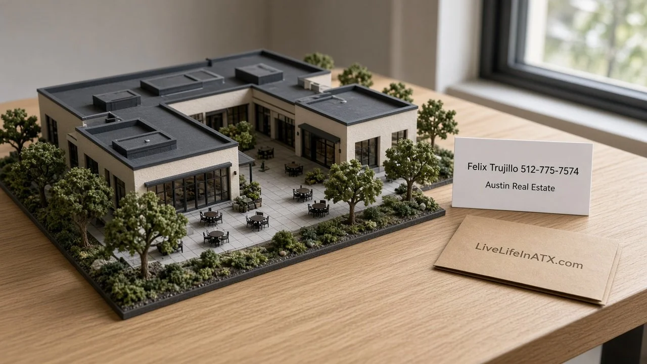 Tabletop architectural scale model of a low-rise open-air retail building with small trees and patio tables beside a Felix Trujillo 512-775-7574 Austin Real Estate card and a LiveLifeInATX.com folder