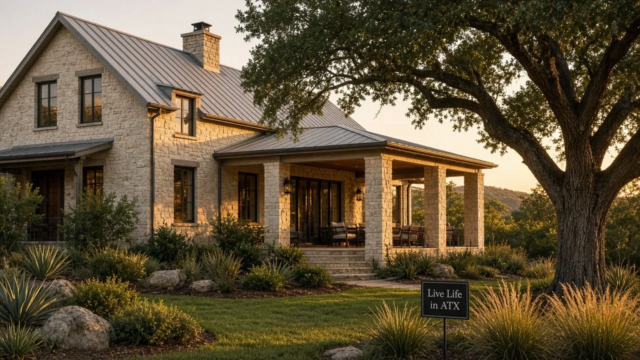 Hill Country limestone home with a newly added covered back porch at golden hour and a small Live Life in ATX sign in the yard