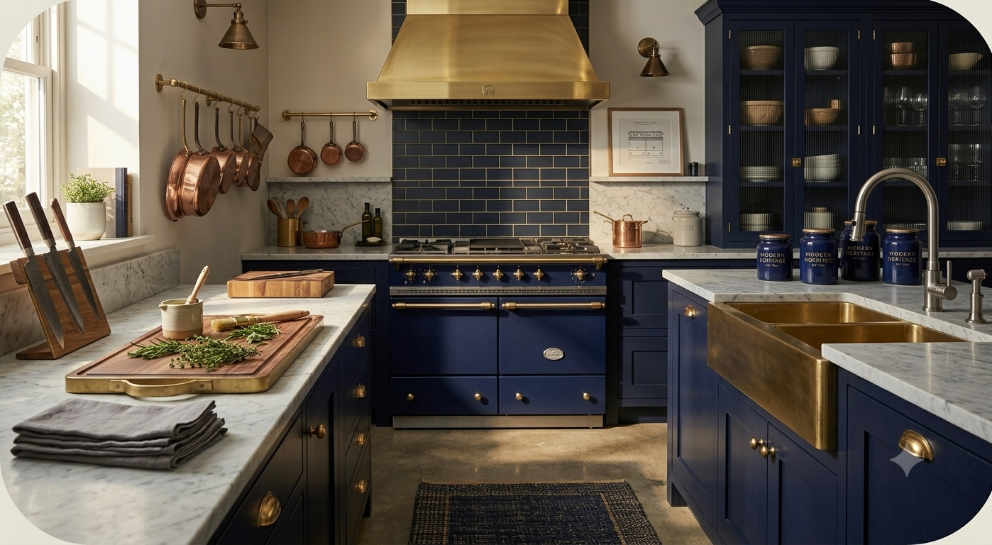 A stylish kitchen with navy blue cabinets, gold hardware, a marble countertop, and a brass sink. Copper pots hang on the wall, and a large window lets in natural light.