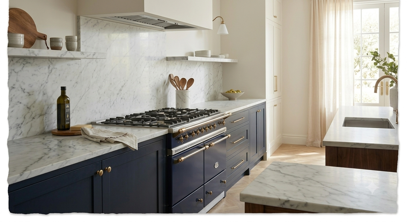Modern kitchen with navy blue and white cabinets, marble countertops, a built-in stove, open shelves with dishes, a sink with a gold faucet, and a large window with curtains.