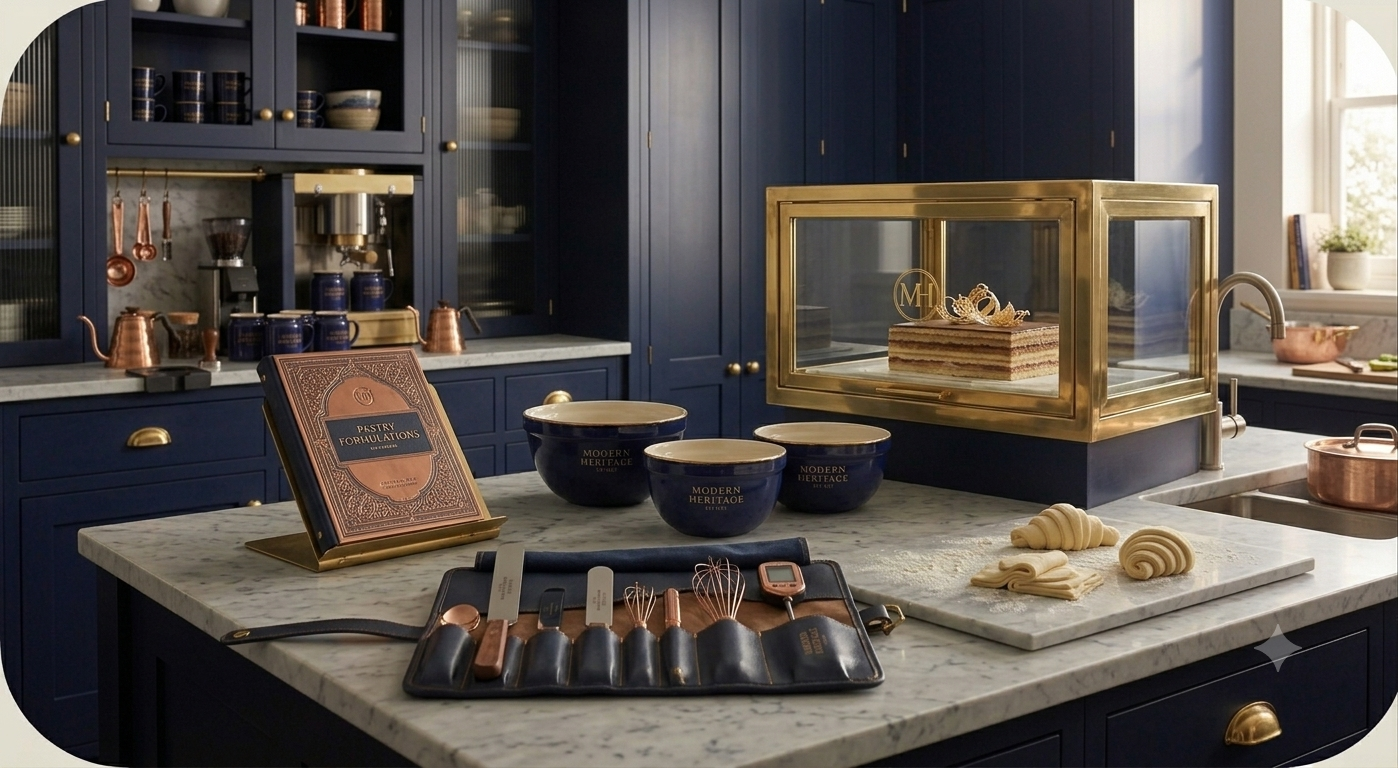 A modern kitchen with navy blue cabinets, marble countertops, and a glass display case containing a layered cake. The countertop has baking tools and ingredients, including a dough scraper, whisks, and a digital thermometer.