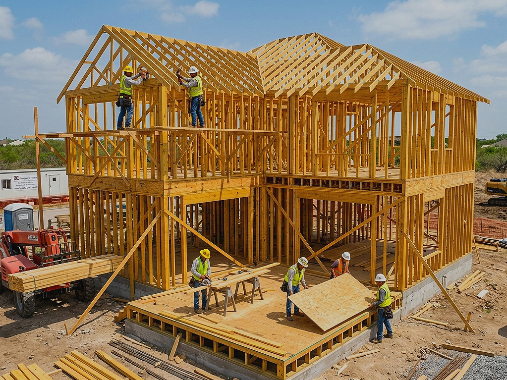 Wood frame house under construction with workers installing beams and framing, construction equipment and lumber in the foreground, and a blue sky with clouds.