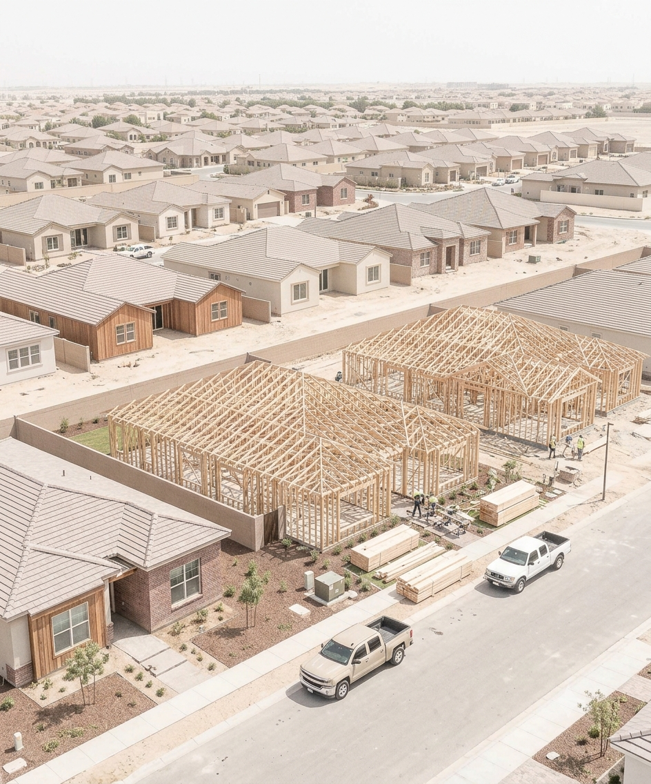 Under construction wooden house frame in a suburban neighborhood with new homes, trucks, and construction workers.