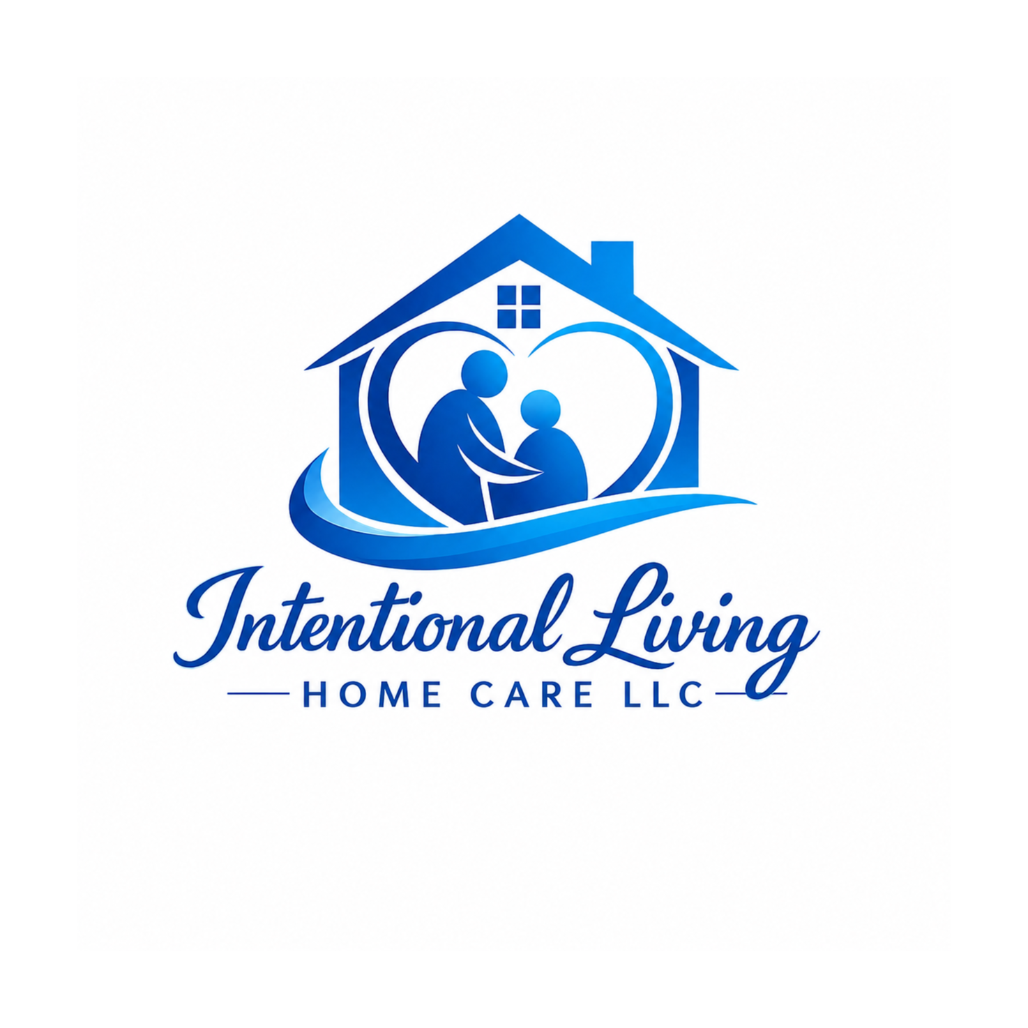 Logo for Intentional Living Home Care LLC showing a house with two figures inside, a larger and smaller one, within a heart shape. The text below reads "Intentional Living" in cursive and "Home Care LLC" in capital letters.