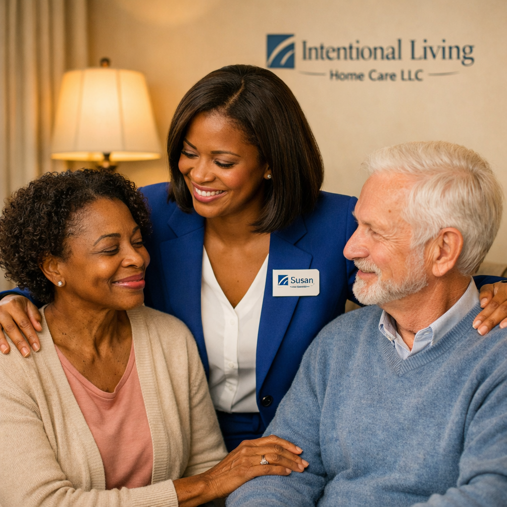 A woman in a blue blazer with a name tag that says Susan is hugging and smiling at an elderly couple, both smiling, in front of a wall with a logo that reads 'Intentional Living Home Care LLC'