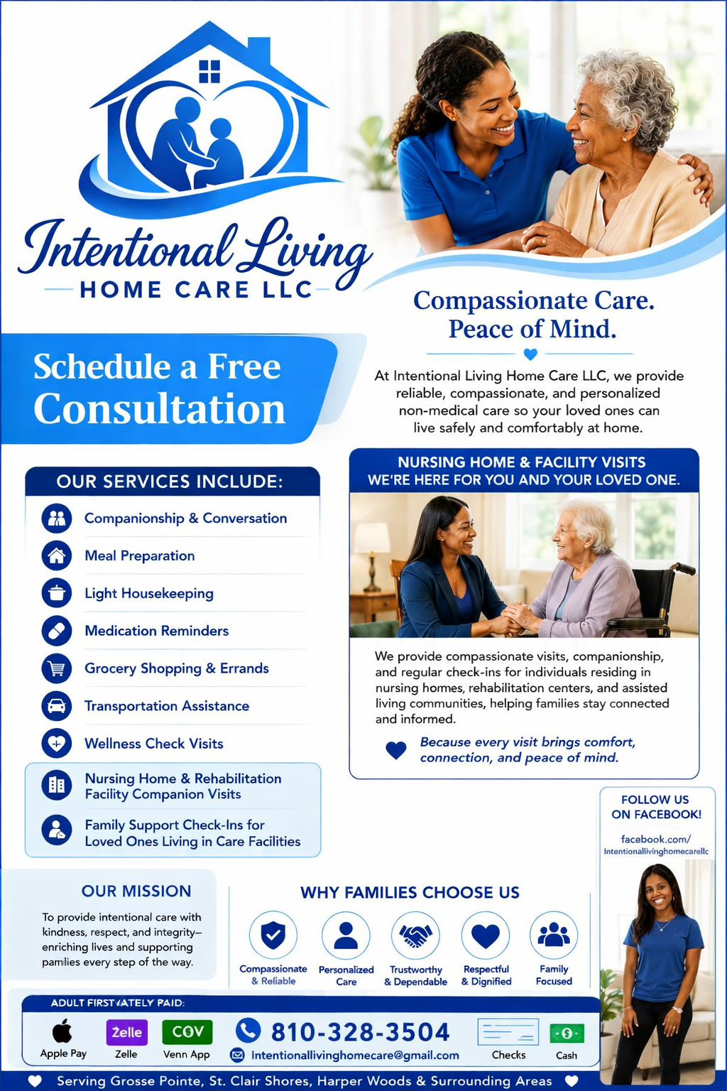 Flyer for Intentional Living Home Care LLC featuring images of caregivers and elderly individuals, with services listed including companionship, meal prep, cleaning, medication reminders, and nursing home visits.