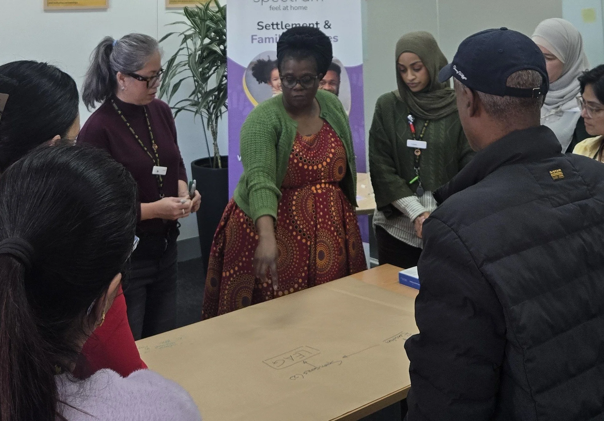 Group of diverse adults gathered around a table participating in a discussion or activity, with some writing on the table and others observing. A banner reading 'Settlement & Families' is visible in the background.