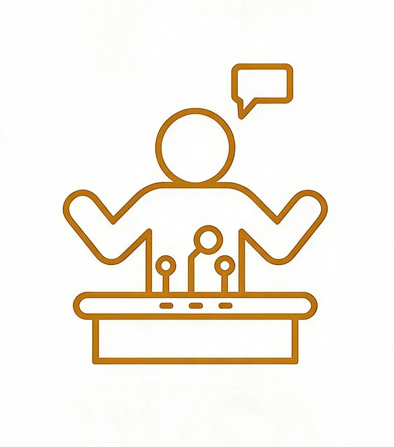 Line drawing of a person at a podium with arms raised, speech bubble above, and a microphone in front.