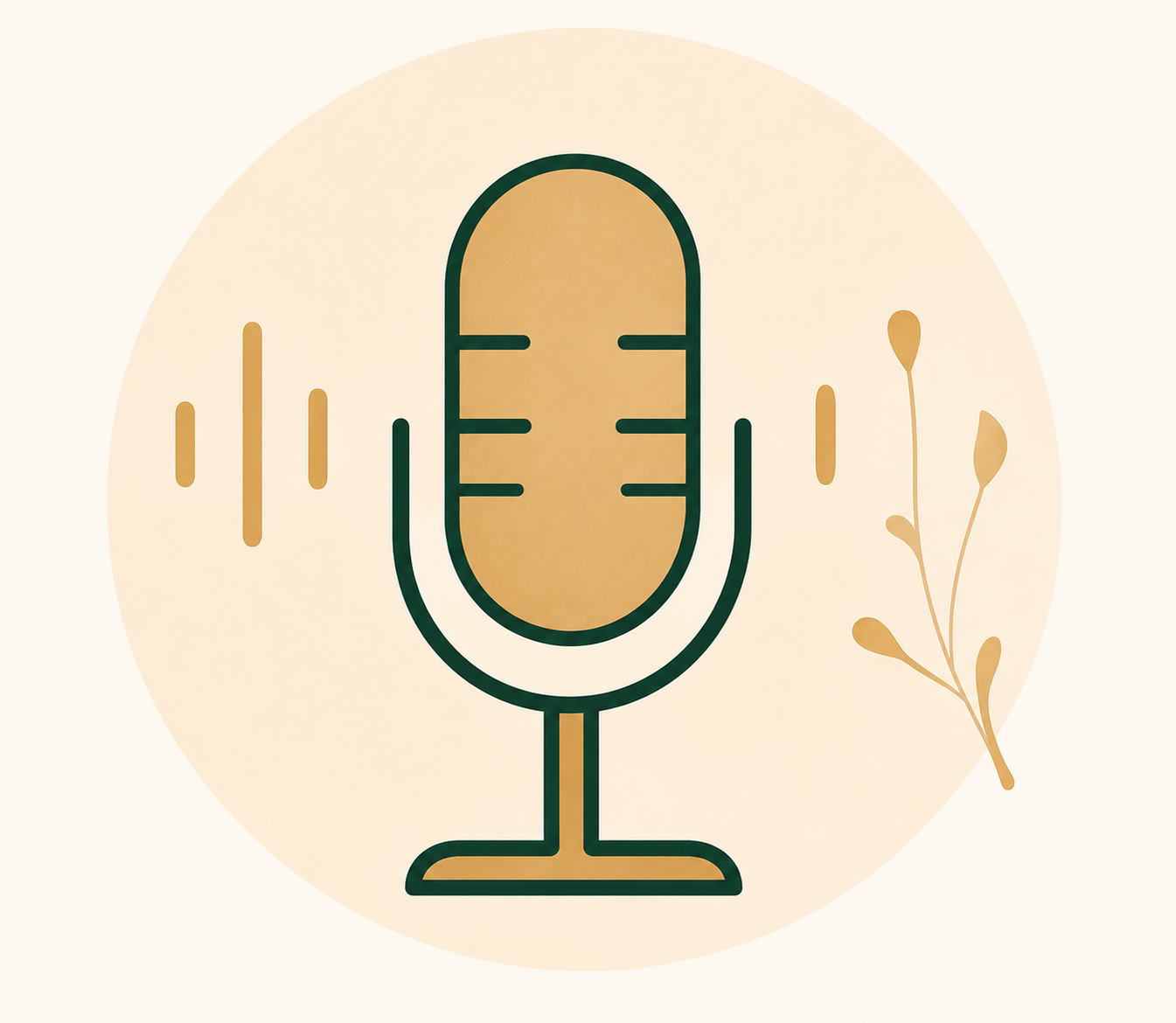 Stylized illustration of a vintage microphone in gold and dark teal, with sound wave lines to the left and a botanical to the right, on a light beige background.