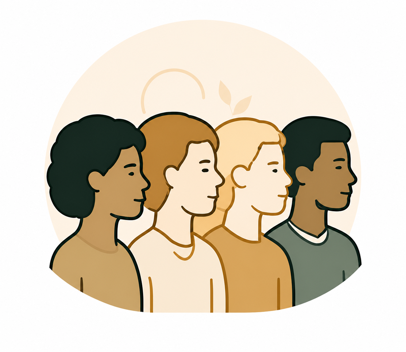 Illustration of four diverse individuals in profile, standing side by side against a neutral background with subtle leaf and arc accents.