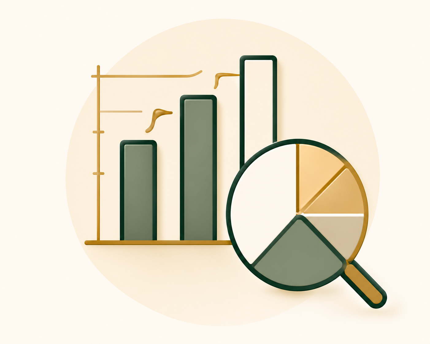 A 3D illustration of a bar chart with three bars and a line graph above them, along with a pie chart with four segments viewed through a magnifying glass.