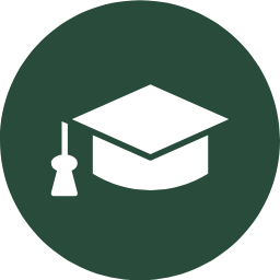 Icon of a graduation cap with a tassel inside a dark green circle.