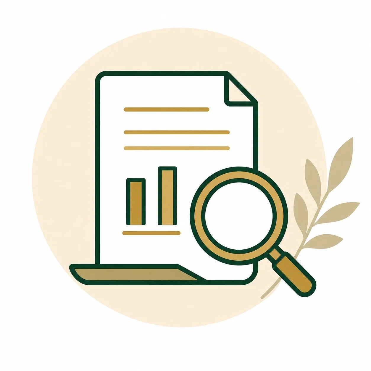 A digital illustration of a document with bar charts, a magnifying glass, and a plant branch, symbolizing data analysis or research.