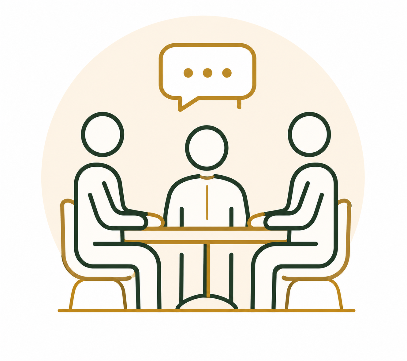 Illustration of three people sitting around a meeting table, with a speech bubble above them indicating conversation.