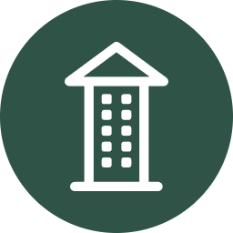 Icon of a building with a triangular roof and multiple windows in a circle