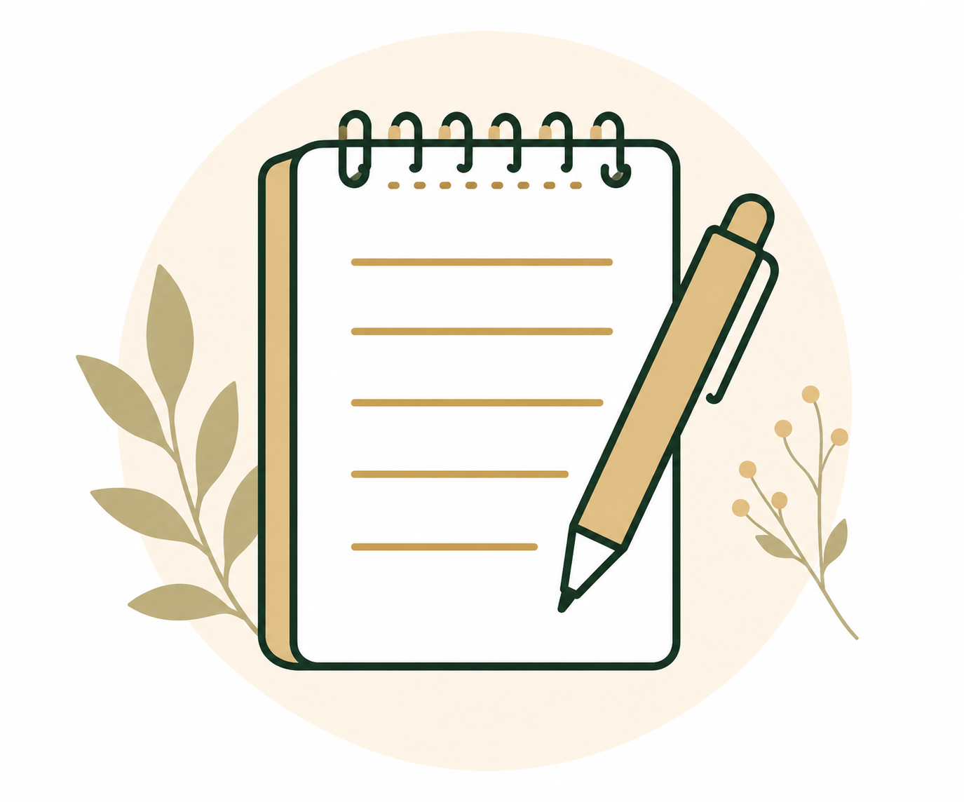 Illustration of a notepad and pen surrounded by leaves and small flowers.