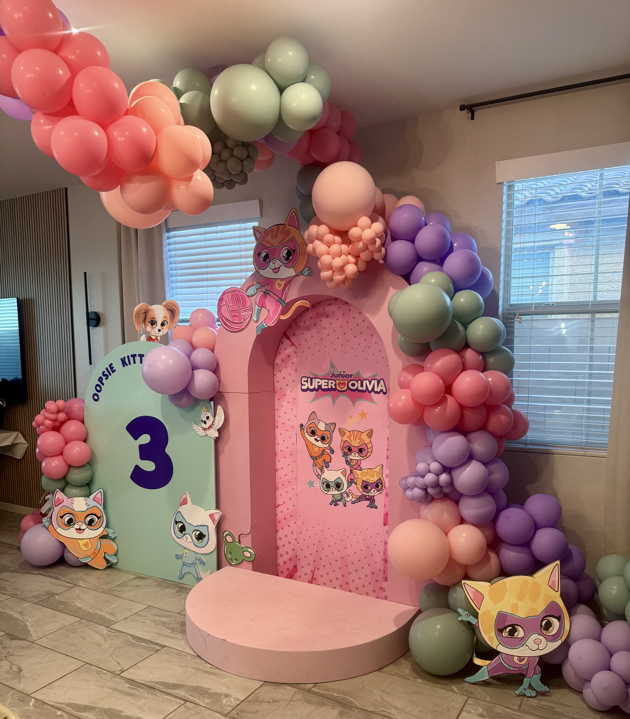 SuperKitties Pastel balloons and backdrops. Kitty Cat Character cutouts and ceiling balloon installation