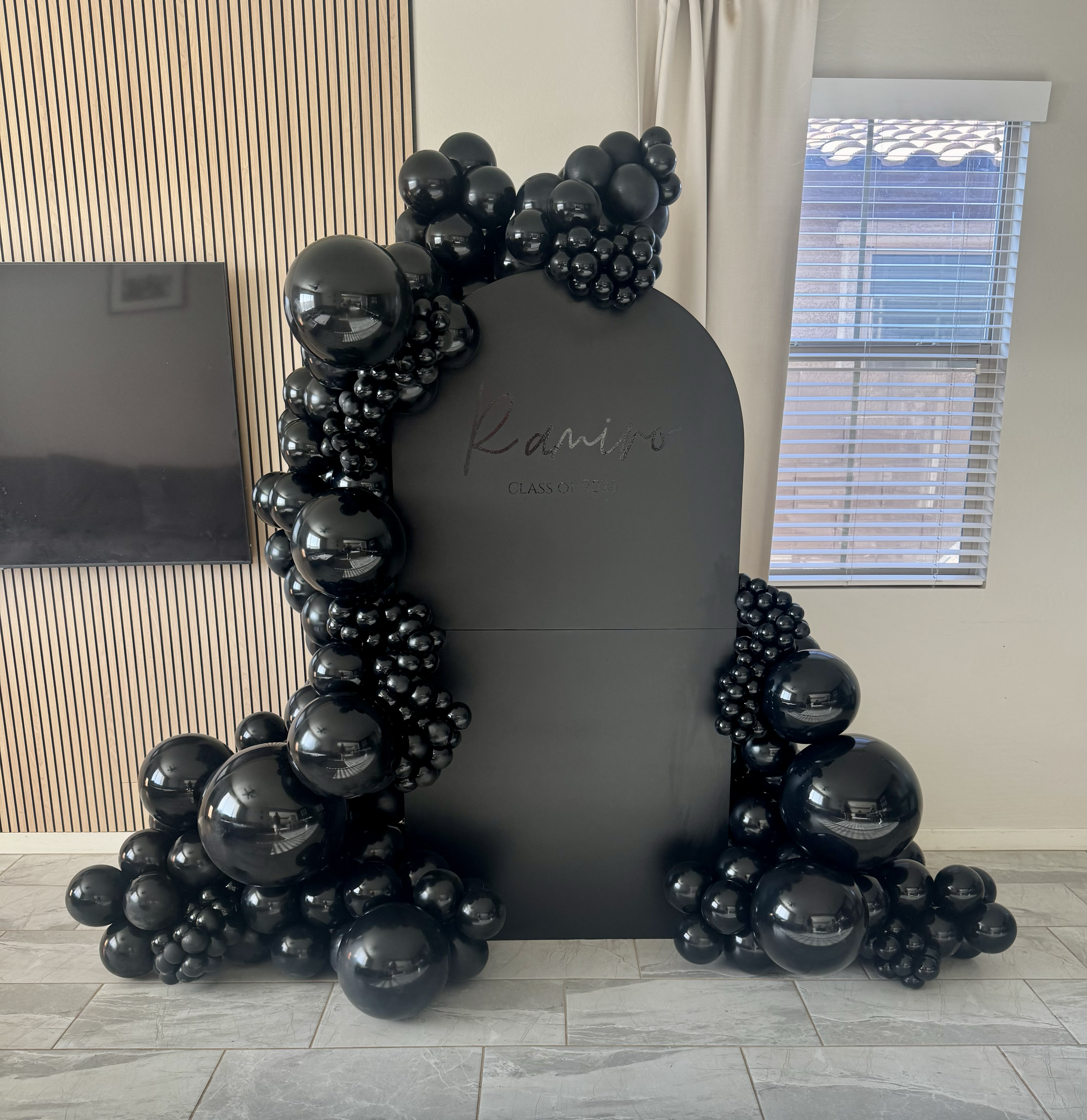 Black Monochromatic Balloons & Backdrop. Perfect for Men's Birthday and Graduation parties