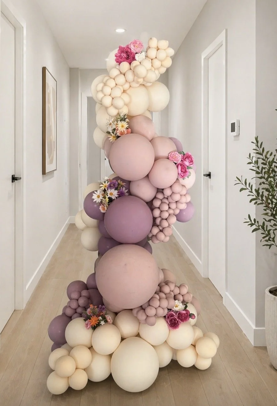 Freestanding Balloon Garland with soft neutrals & floral accents