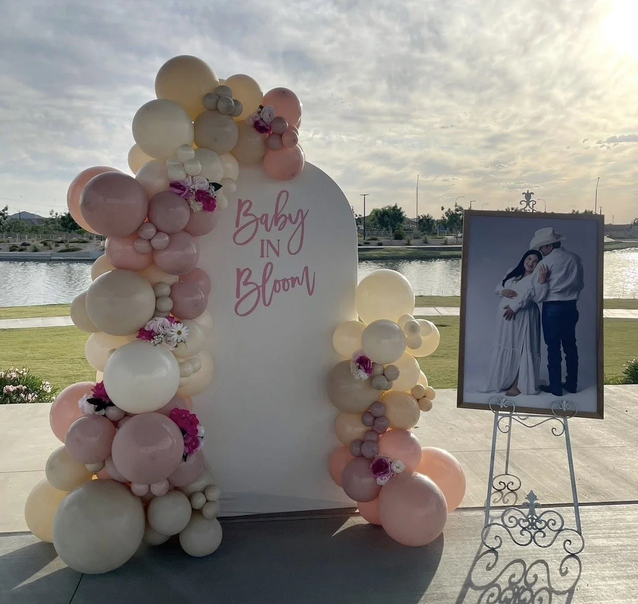 'Baby in Bloom' Baby Shower with soft pink and cream balloons with flower accents