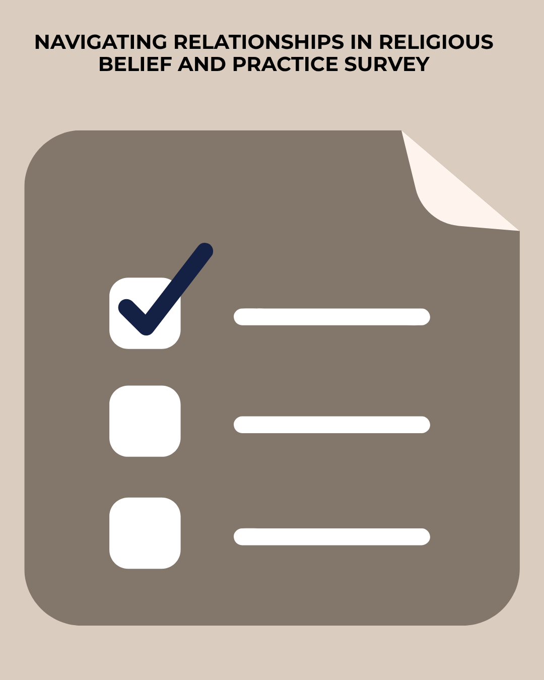 Cover page of a survey titled 'Navigating Relationships in Religious Belief and Practice Survey' with a checklist icon showing one checked box.