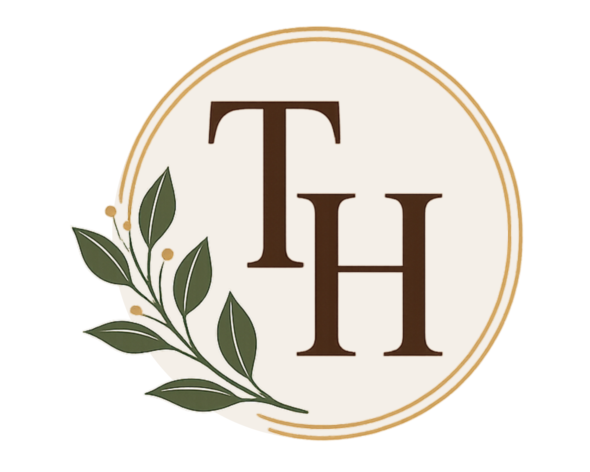 Decorative emblem with the letter 'H' in the center, surrounded by green leaves and a beige border.
