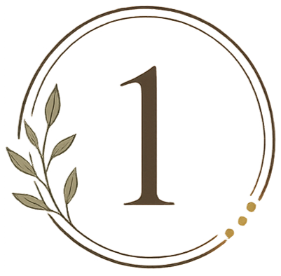 Number one inside a gold circle with a leaf decoration on the left side.