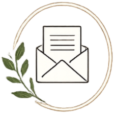 An illustration of an open envelope with a letter inside, surrounded by a decorative circular border with a branch and leaves on the side.